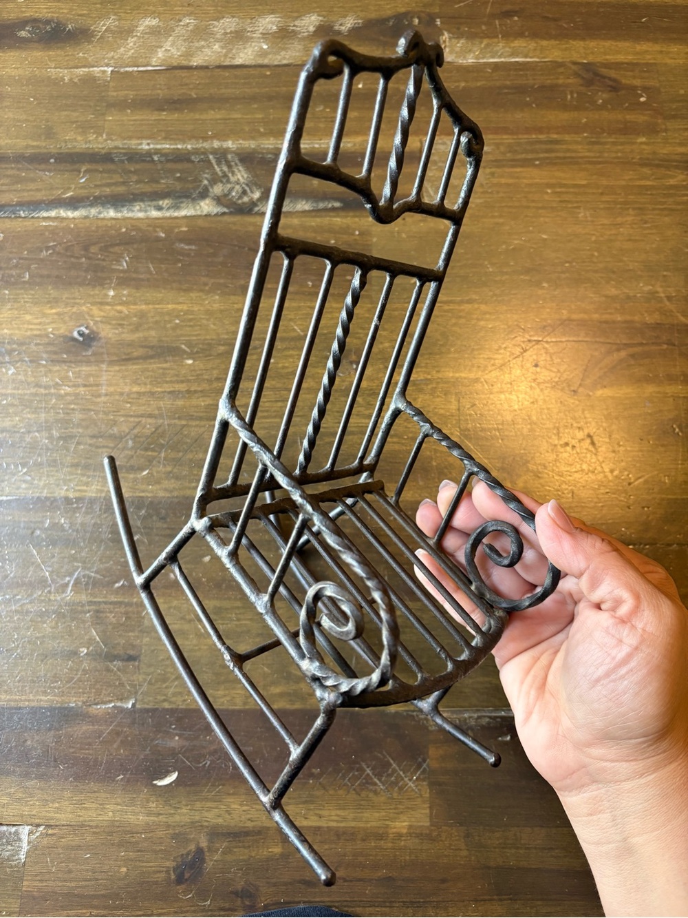Vintage Miniature Metal Iron Rocking Chair Slat Back Twist Doll Decor Plant